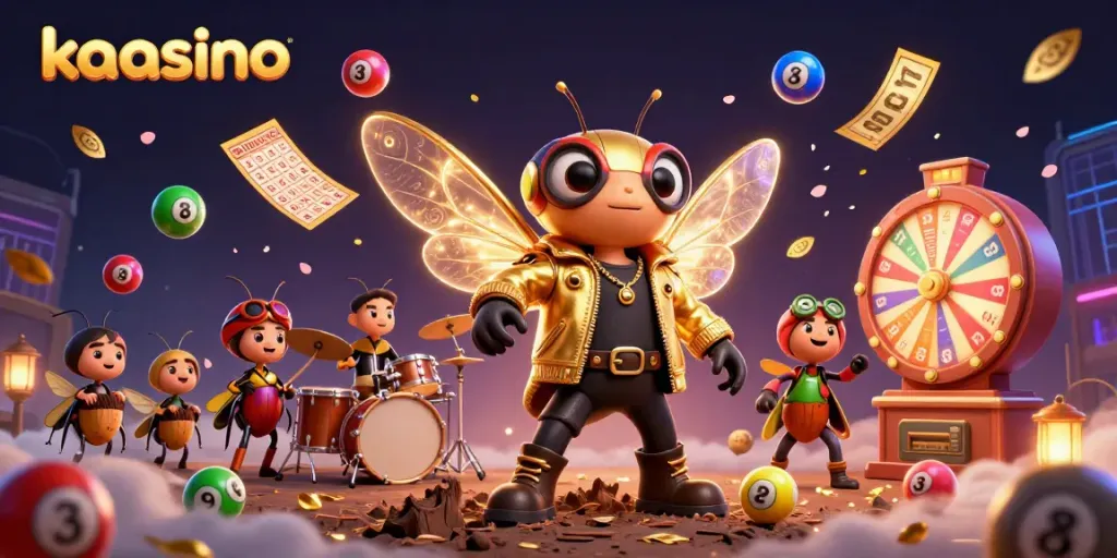Kaasino offers vibrant casino excitement with a dynamic 3D illustration of a cicada rock star, embracing wins.