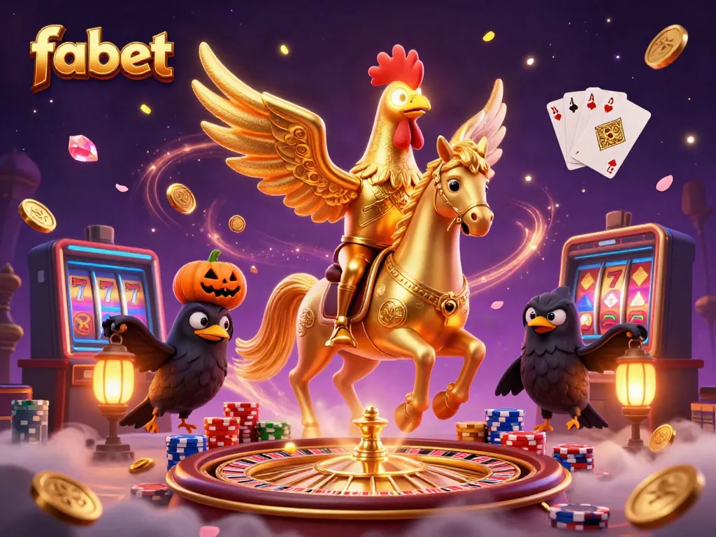 Experience the thrill at fabet with a golden rooster, spectral horse, and dynamic casino elements.