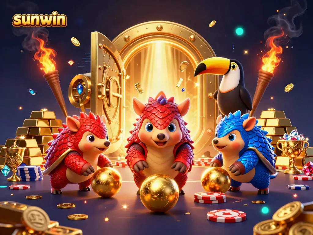 Experience thrilling gameplay with sunwin as rival pangolins compete in a lively casino scene filled with treasures.