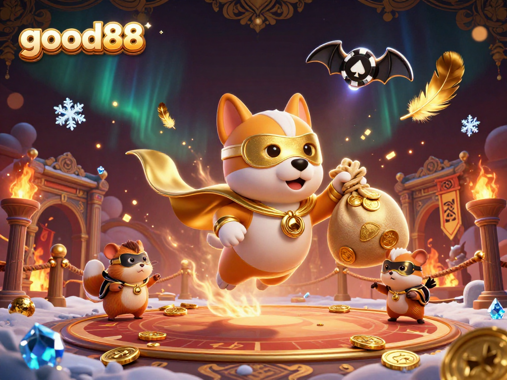 Experience thrilling wins with good88 featuring a superhero dog and sidekick in a vibrant casino scene.