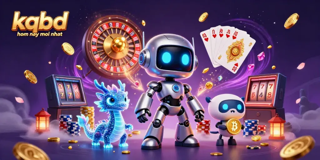 Experience kqbd hom nay moi nhat with vibrant visuals of a futuristic robot and treasures in a dazzling casino atmosphere.