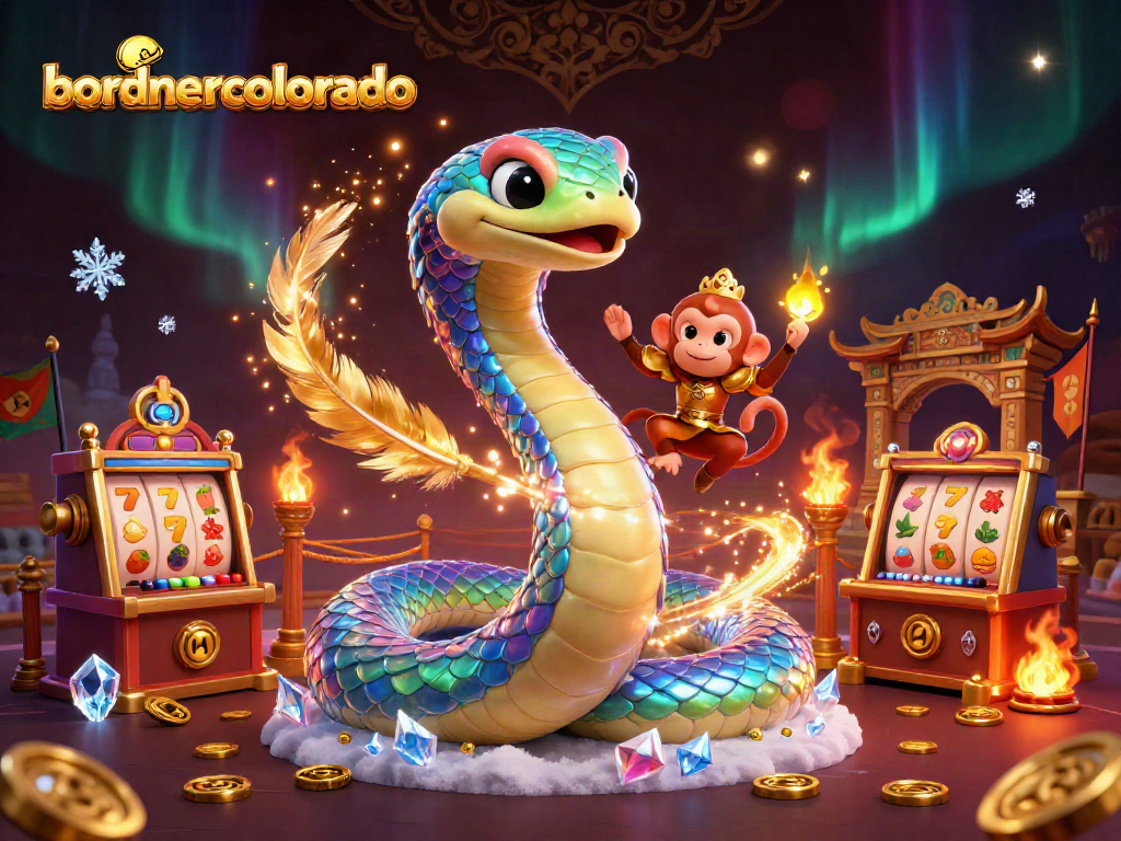 Spin the reels at bordnercolorado with a vibrant 3D serpent and monkey king amidst dynamic casino elements.
