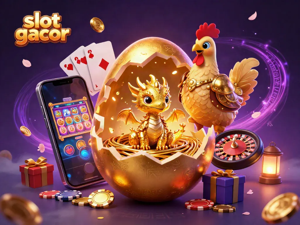 Experience thrilling slot gacor action with a golden dragon surrounded by poker chips and vibrant casino game elements.