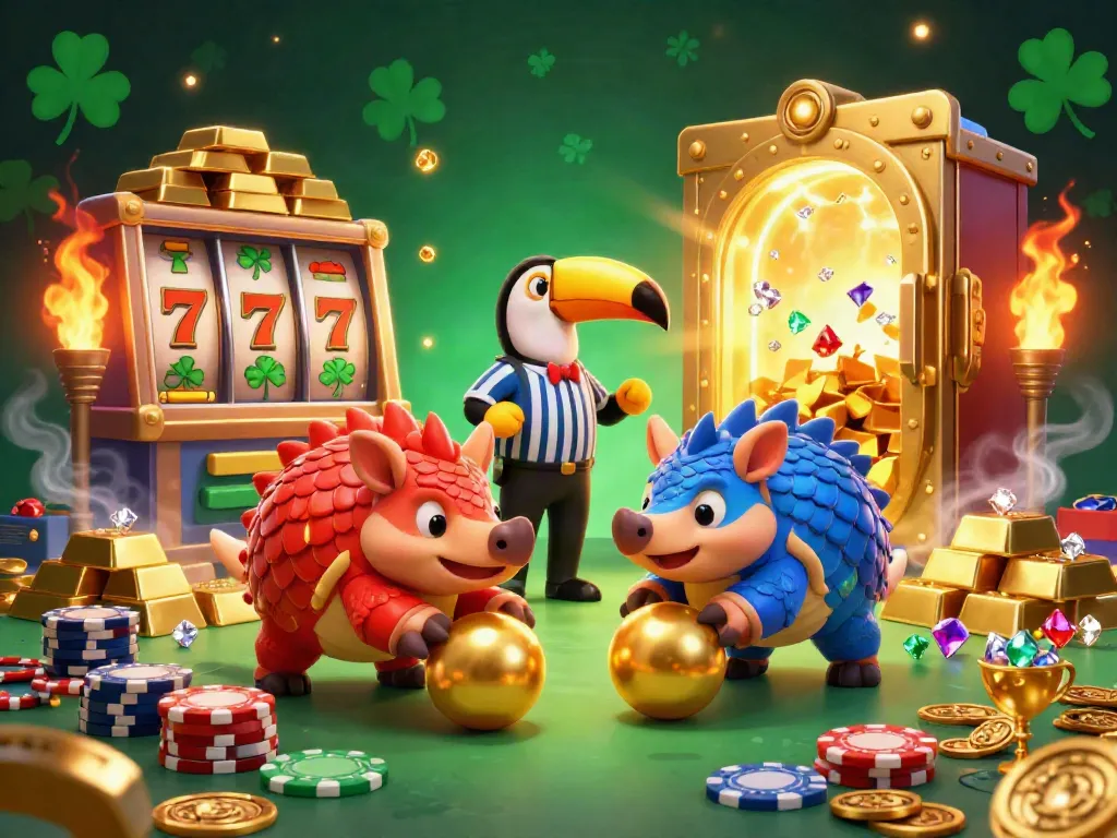 Experience the thrill of slots with rival pangolins competing amidst golden treasures and vibrant game elements.